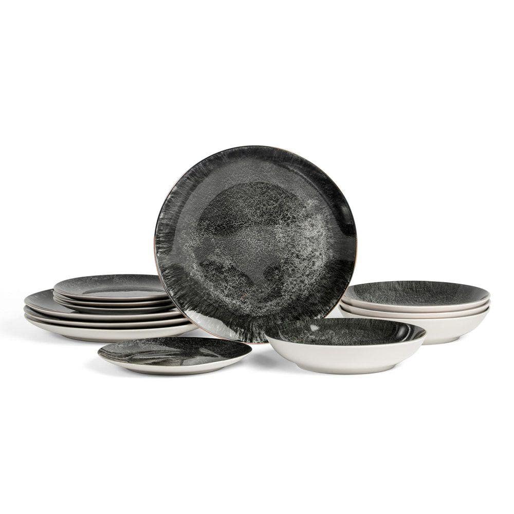 Onyx 12-Piece Black and Gold Porcelain Full Set (Service for 4)