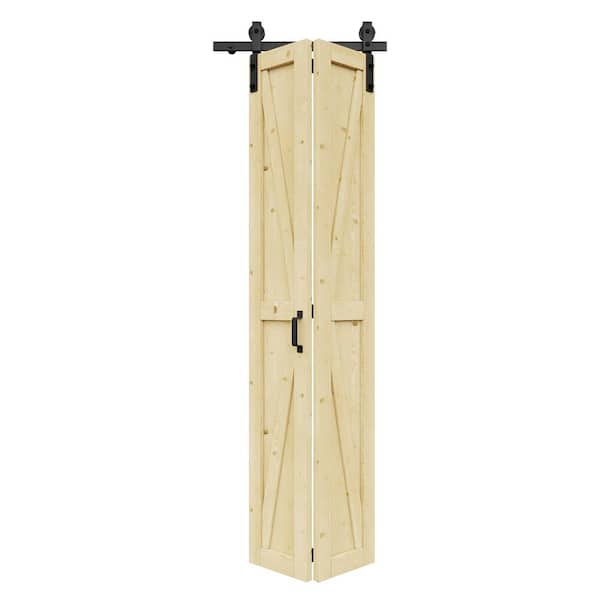 25 in. x 84 in. Paneled Pine Wood Solid Core Unfinished K Shape Composite Bi-fold Door with Bifold Barn Door Hardware