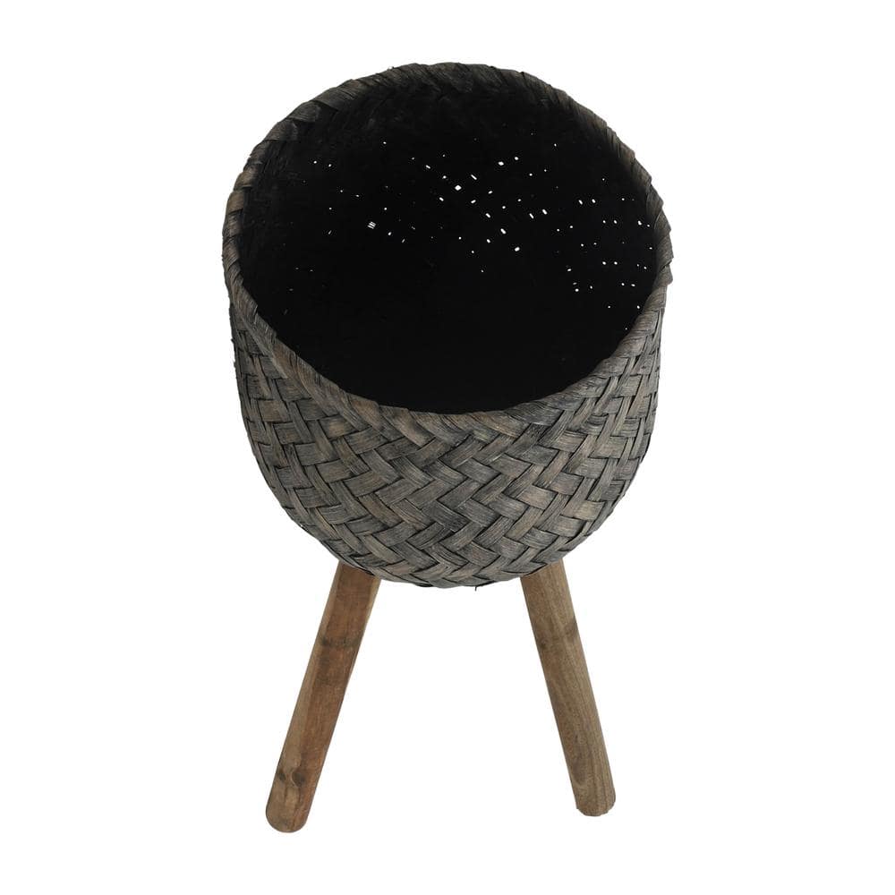 Set of 2 Brown and Black Bamboo Planters with Stands