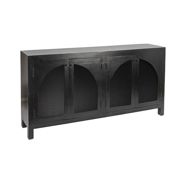 Storied Home Quinn Black 36 in. Mango Wood and Cane Arched Door Sideboard Accent Cabinet