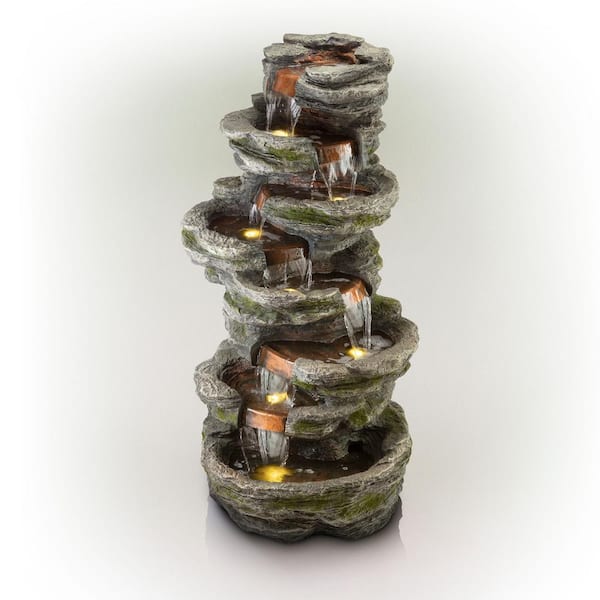 Alpine Corporation 58 in. Tall Outdoor 8-Tier Rainforest Rock Water Fountain with LED Lights
