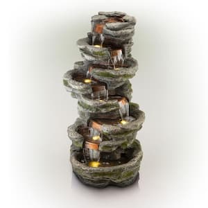 58 in. Tall Outdoor 8-Tier Rainforest Rock Water Fountain with LED Lights