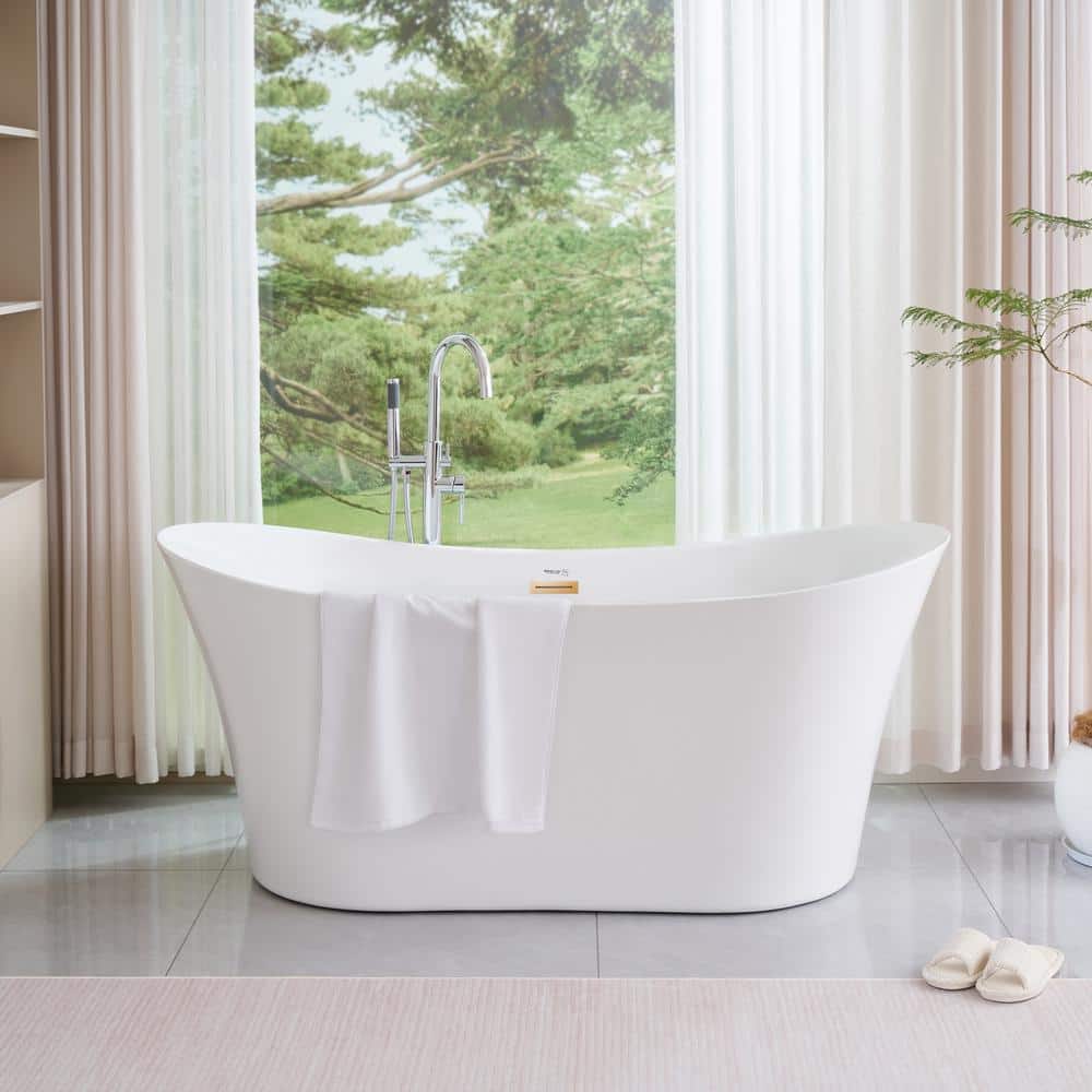 67" White Acrylic Freestanding Soaking Bathtub with Gold Trim