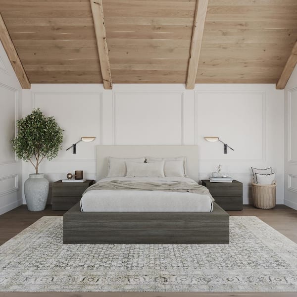 Nexera Jane 4-Piece Gray Oak Queen Size Bedroom Set with Upholstered Headboard