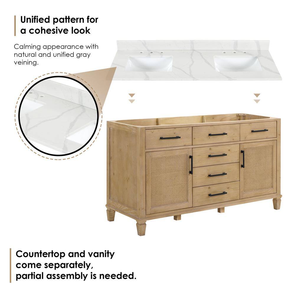 Solana 60" Weathered Fir Double Sink Vanity with White Quartz Top and Mirrors