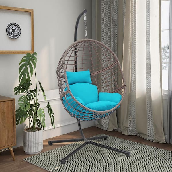 78 in. 1-Person Gray Wicker Patio Swing Chair with Aqua Cushion and Stand