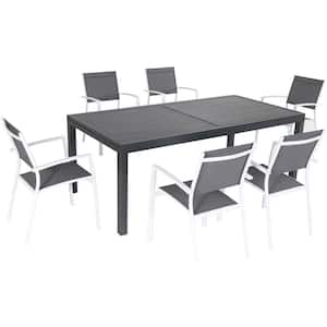Naples 7-Piece Aluminum Outdoor Dining Set with 6 Sling Chairs Gray/White and a 40 in. x 118 in. Expandable Dining Table