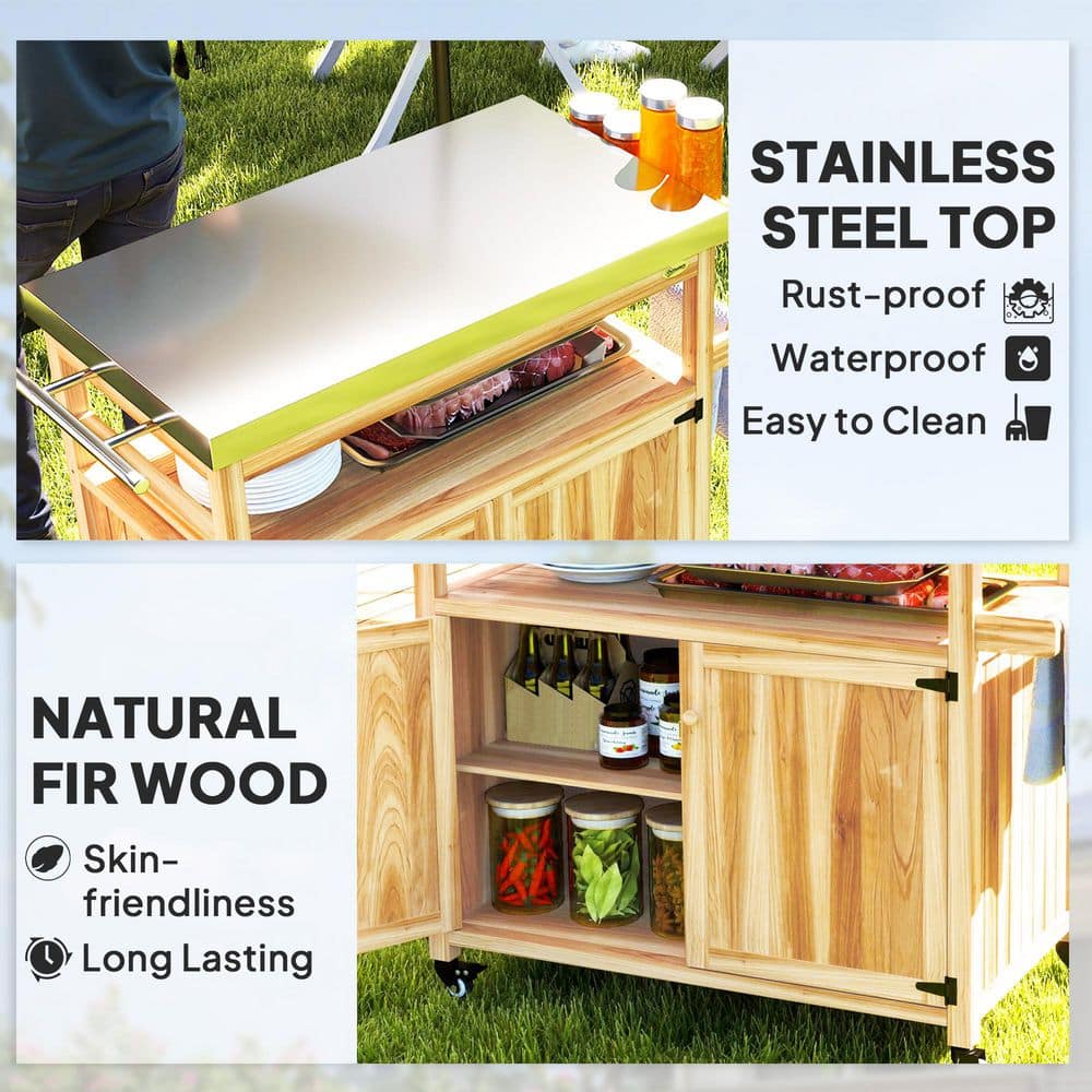Natural Wood Outdoor Grill Cart with Stainless Steel Top and Storage