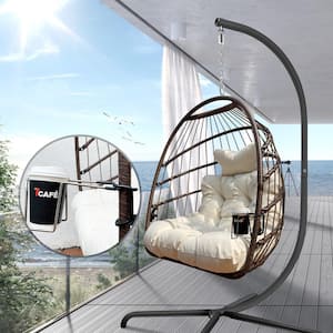 1-Person Black Metal Patio Swing Folding Hanging Chair Hammock Egg Chair with Beige Cushion and Pillow