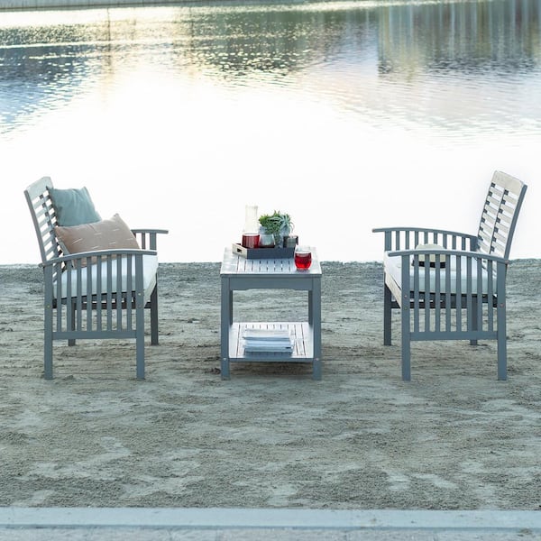 Walker Edison Furniture Company Grey Wash 3-Piece Classic Wood Outdoor Patio Chat Set with Off-White Cushions