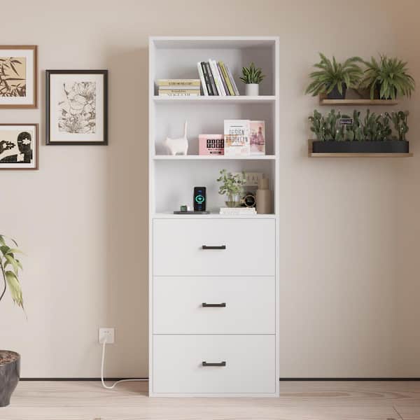 Karl home White 70.86 in. H Display Cabinet with 3-Layer 3-Drawer with 2-USB 2-Outlet Modern Style