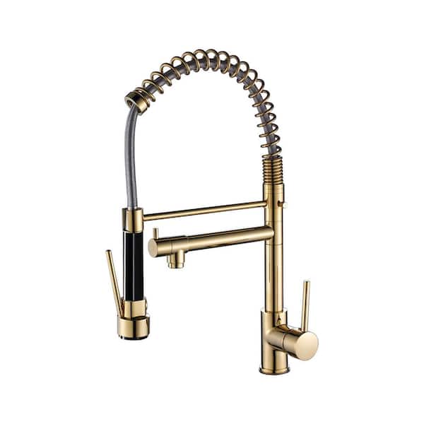 Tahanbath Double Handles Deck Mount Pull Out Sprayer Kitchen Faucet Included in Brushed Gold
