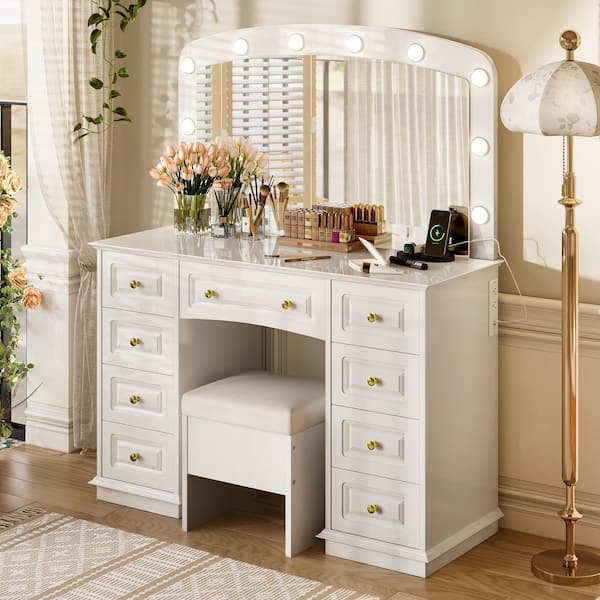 White 44.25 in. Makeup Vanity Dresser with Cushioned Stool, 9 Drawers, 10 Hollywood Bulbs and 3 Color Lighting Modes
