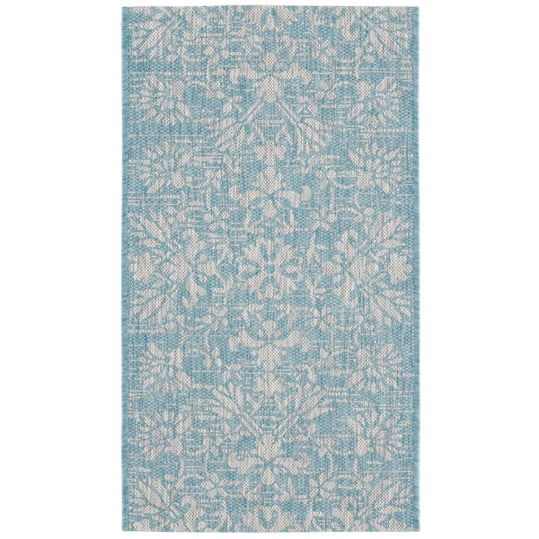 Courtyard Aqua/Gray 2 ft. x 4 ft. Antique Floral Indoor/Outdoor Area Rug