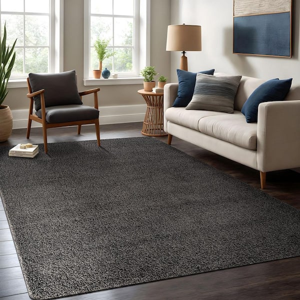 Silky 8 ft. x 10 ft. Dark Gray Solid Plus Thick Pile Non Slip Easy Clean Non Shedding Modern Indoor Area Rug