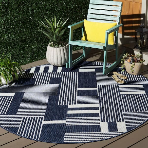 Beach House Navy/Ivory 7 ft. x 7 ft. Geometric Solid Striped Indoor/Outdoor Round Area Rug