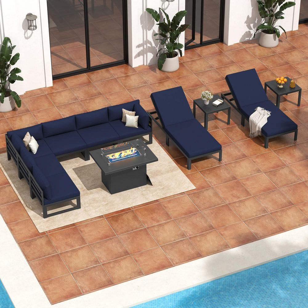 11-Piece Outdoor Gray Aluminum Patio Conversation Sectional Seating Fire Pit Set with Navy Blue Cushion, Lounge, Ottoman price history on PriceWatchPro