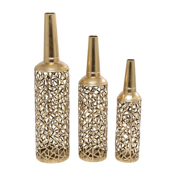 Litton Lane Gold Abstract Patterned Metal Decorative Vase with Open Frame Design (Set of 3)