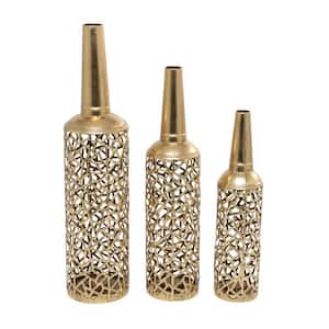 Gold Abstract Patterned Metal Decorative Vase with Open Frame Design (Set of 3)