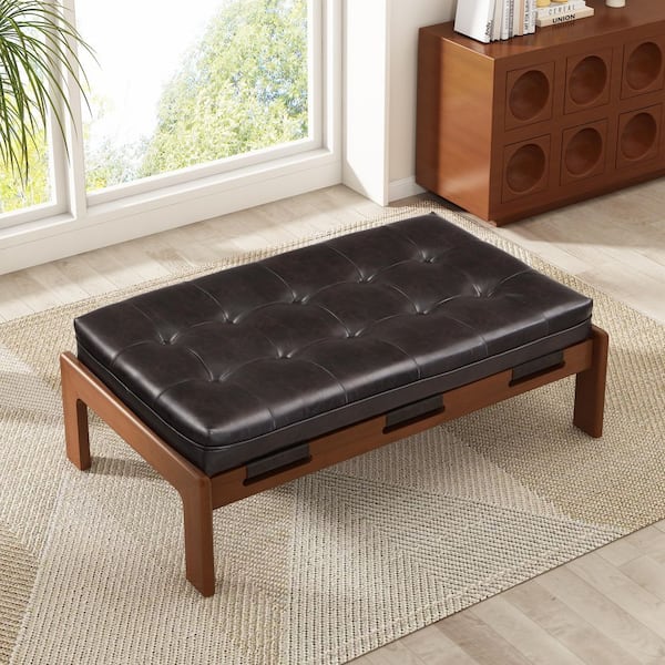 Arlo PU Faux Leather Upholstered Rectangular Ottoman, Tufted, Rubber Wood Base, Black Plus Brown