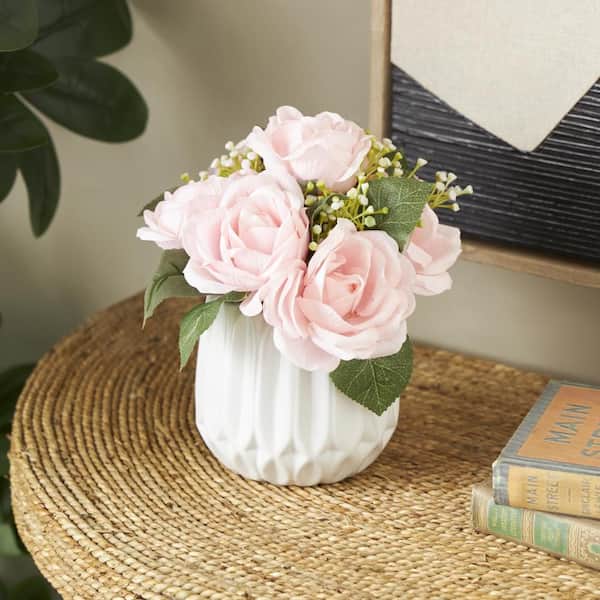 Litton Lane 9 in. Pink Artificial Flower with Green Leaves and Round Ceramic Vase