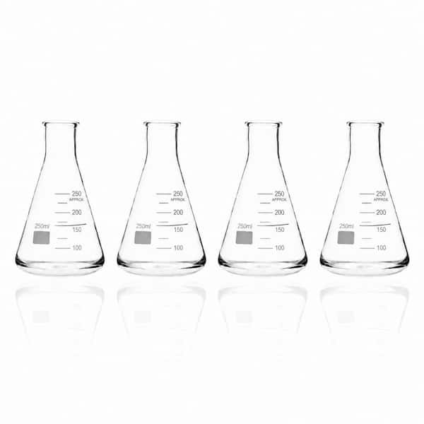 4-Pack 250 ml Clear 3.3 Borosilicate Glass Erlenmeyer Flasks with Printed Graduation Marks Lab Science