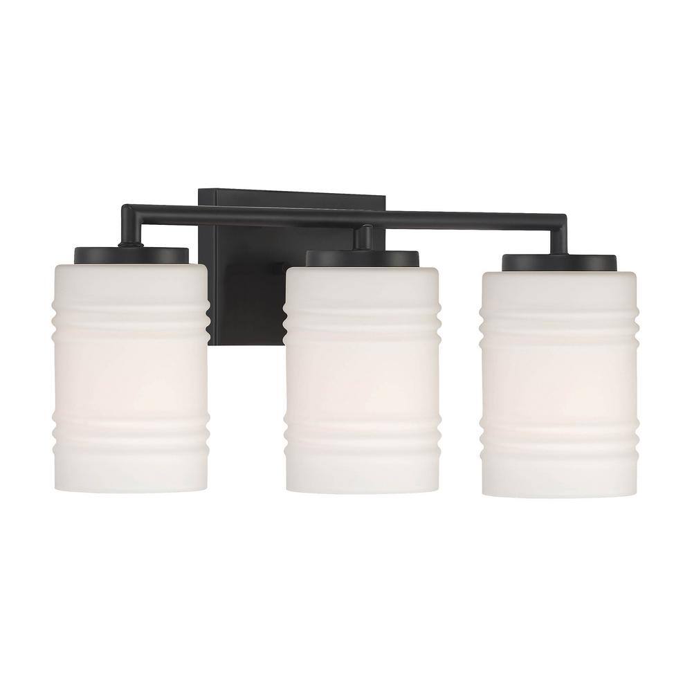 Modern Matte Black 3-Light Vanity Bath Light with Etched Opal Glass