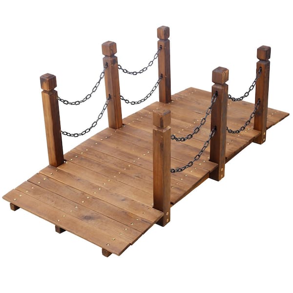 Unbranded 5 ft Wooden Garden Footbridge Bridge Arc Garden Bridge with Chain Railings for Backyard Creek Farm, Brown