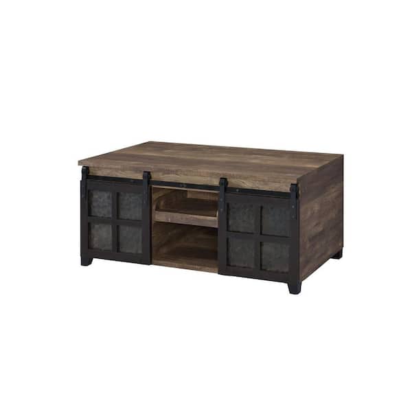 HomeRoots Amelia 24 in. Obscure Glass, Rustic Oak and Black Finish Rectangle Particle Board Coffee Table with Shelves