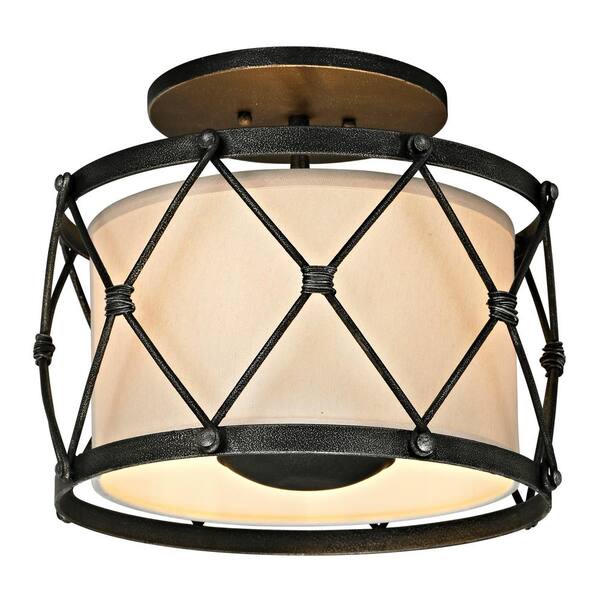 Troy Lighting Palisade 3-Light Aged Pewter 14 in. W Semi-Flush Mount with Hardback Linen Shade
