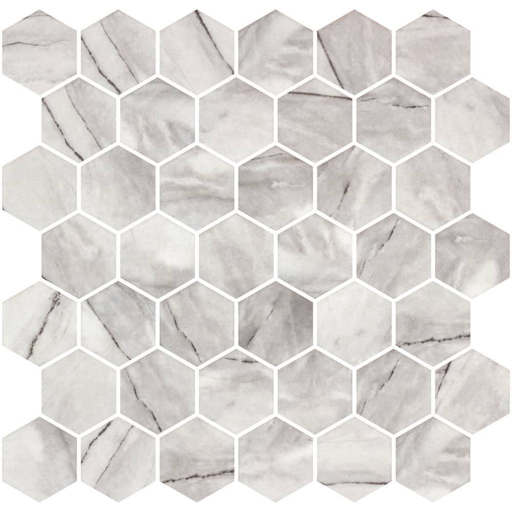 Sculpt Qarbo Gray 4.5 in. x 8.25 in. Smooth Glass Hexagon Mosaic Tile Sampl