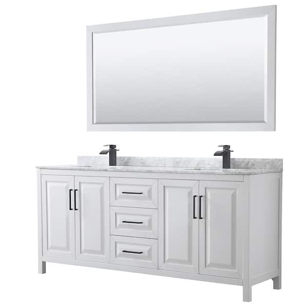 Wyndham Collection Daria 80 in. W x 22 in. D x 35.75 in. H Double Bath Vanity in White with White Carrara Marble Top and 70 in. Mirror