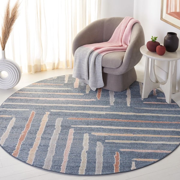 Blair Blue/Multi 7 ft. x 7 ft. Machine Washable Abstract Striped Round Area Rug