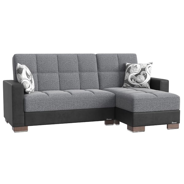 Ottomanson Basics Collection Grey/Black Convertible L-Shaped Sofa Bed Sectional With Reversible Chaise 3-Seater With Storage