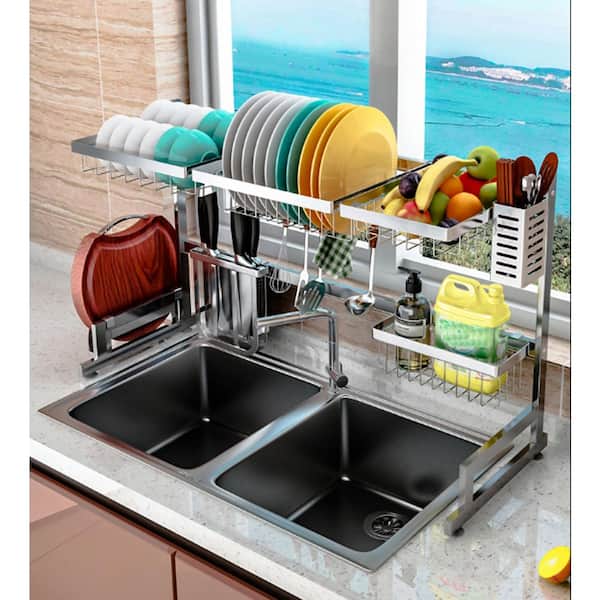 c&g home Adjustable Stainless Steel Over the Sink Dish Rack