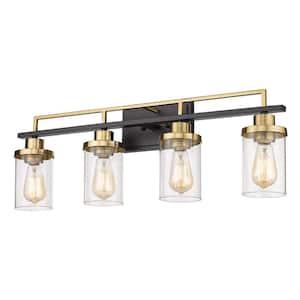 29.3 in. 4-Light Black and Gold Vanity Light with Clear Glass Shade