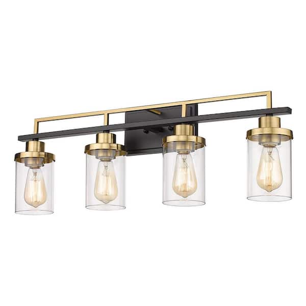 JAZAVA 29.3 in. 4-Light Black and Gold Vanity Light with Clear Glass Shade
