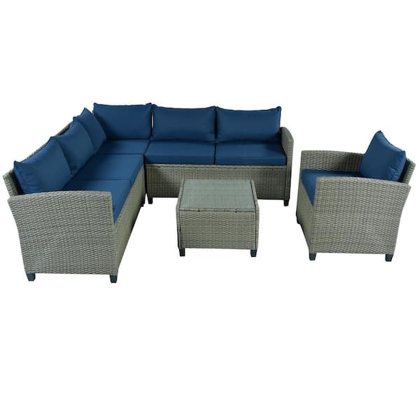 AOPSPS 5-Piece Outdoor Rattan Furniture Set Patio Conversation Set with Coffee Table in Blue Cushions and Single Chair