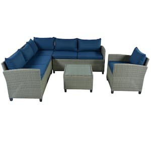 5-Piece Outdoor Rattan Furniture Set Patio Conversation Set with Coffee Table in Blue Cushions and Single Chair