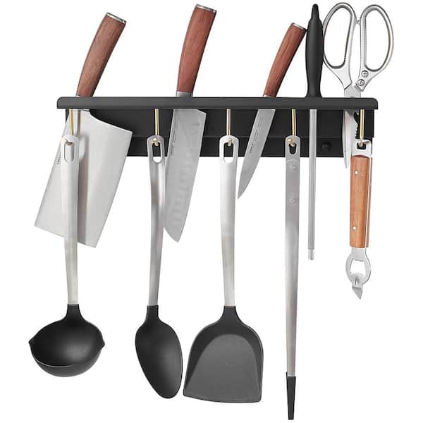 BWE Wall Mounted Kitchen Pot Rack Multifunction Kitchen Knife Storage Holder with 5-Hooks Wall Knife Bar Rack Knife Block