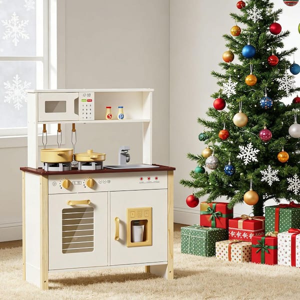 Kids Wooden Play Kitchen Set for Toddlers Ages 3 plus, Real Lights  and  Sounds, Stove, Sink, Oven with 30 Accessories