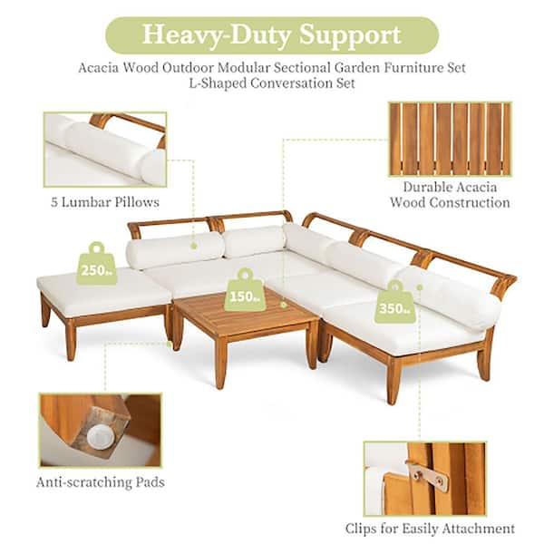 6-Piece Beige Acacia Wood Patio Conversation Set, Convertible Sectional Sofa with Tea Table and Cushions