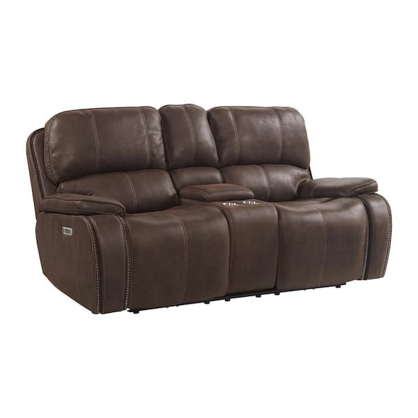 Grover 80 in. Heritage Coffee Solid Power Motion Polyester 2 Seat Loveseat with Power Headrest and Console