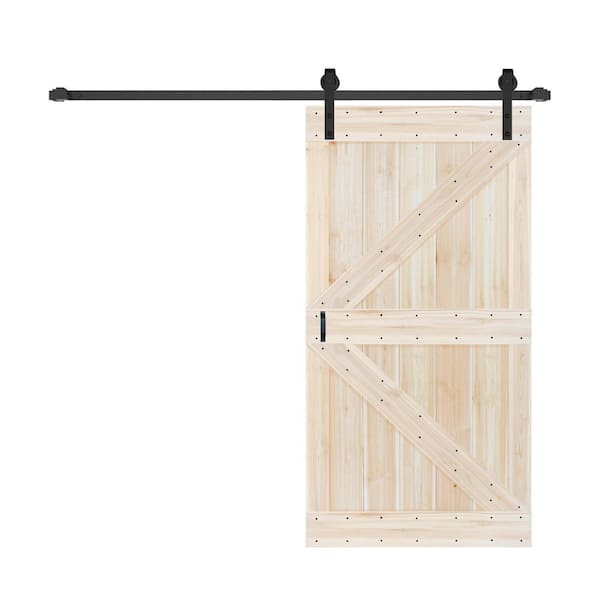 ISLIFE K Style 42 in. x 84 in. Unfinished Soild Wood Sliding Barn Door with Hardware Kit - Assembly Needed