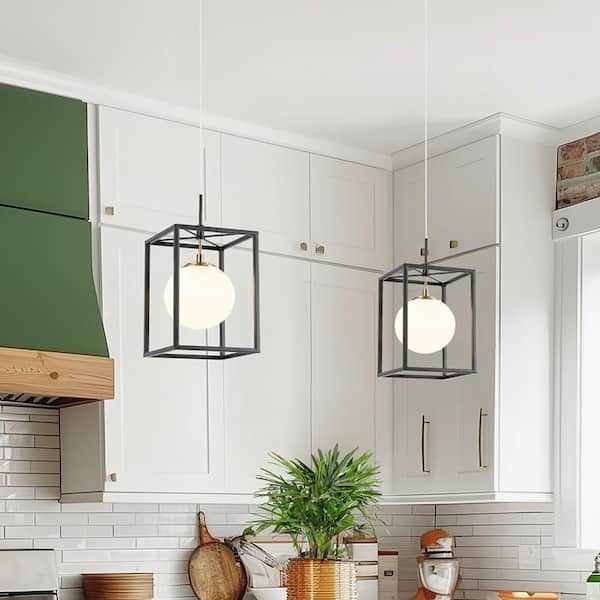 Classic 1-Light Integrated LED Black Pendant Light, Frosted Glass Globe Pendant Hanging Light, Brass Linear Chandelier