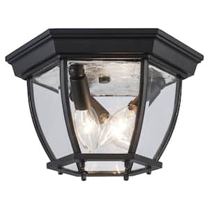 Angelus 11 in. 3-Light Black Outdoor Flush Mount Ceiling Light Fixture with Clear Glass