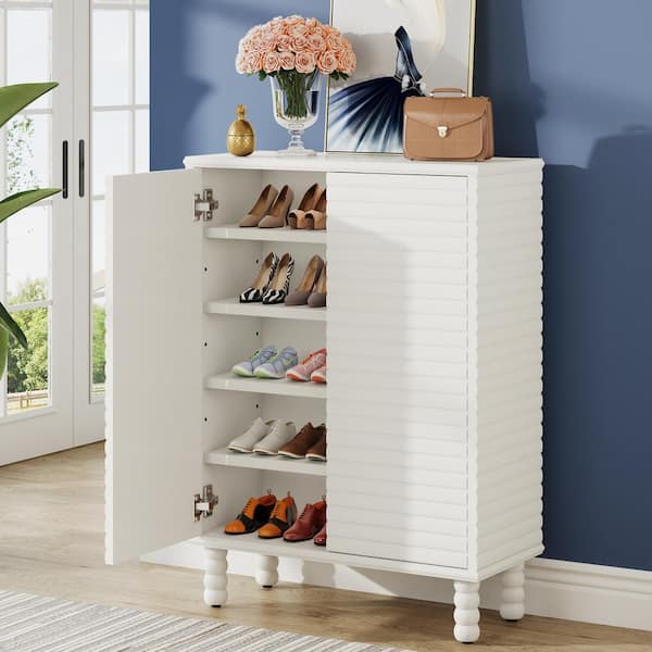 BYBLIGHT 43.3 in. H x 31.5 in. W White Shoe Storage Cabinet with Doors, 5-Tier Shoe Rack with Adjustable Shelves, 22 Pairs
