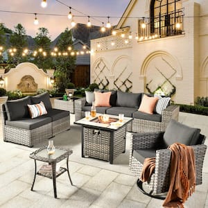 Crater Grey 9-Piece Wicker Patio Fire Pit Conversation Sofa Set with a Swivel Rocking Chair and Black Cushions