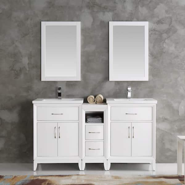 Cambridge 59 in. Vanity in White with Porcelain Vanity Top in White with White Ceramic Basins and Mirror