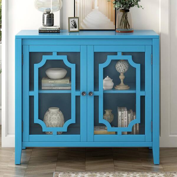 Tileon 33.8 in. W x 14.9 in. D x 30.1 in. H in Dark Blue MDF Ready to Assemble Floor Kitchen Cabinet with Glass Doors